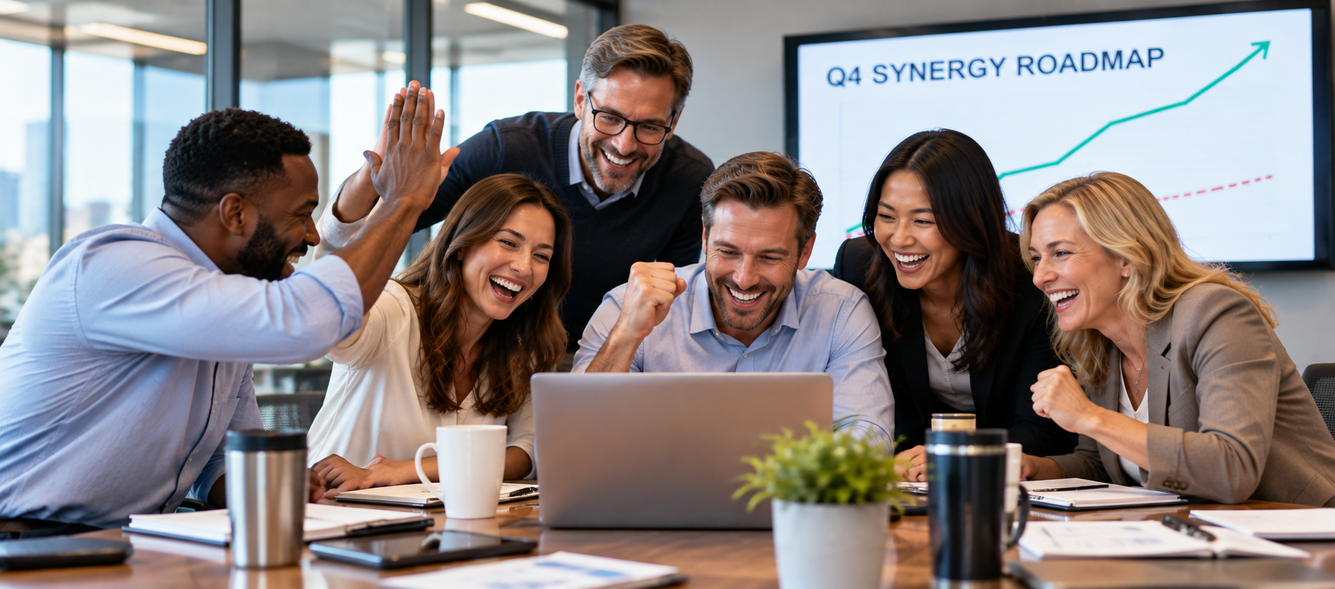 Illustration of a diverse team of six cheerfully pointing at a chart around a conference table