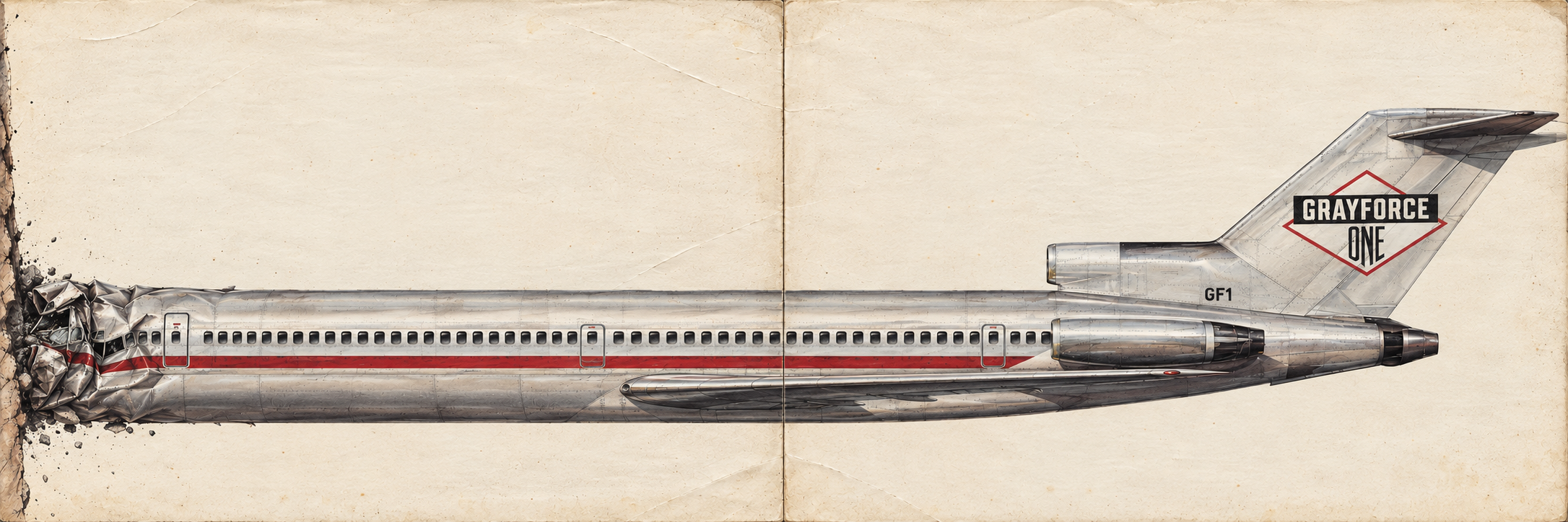 A clean silver Grayforce One jet crossing a two-panel gatefold, with its nose crushed against the left edge and its branded tail on the right